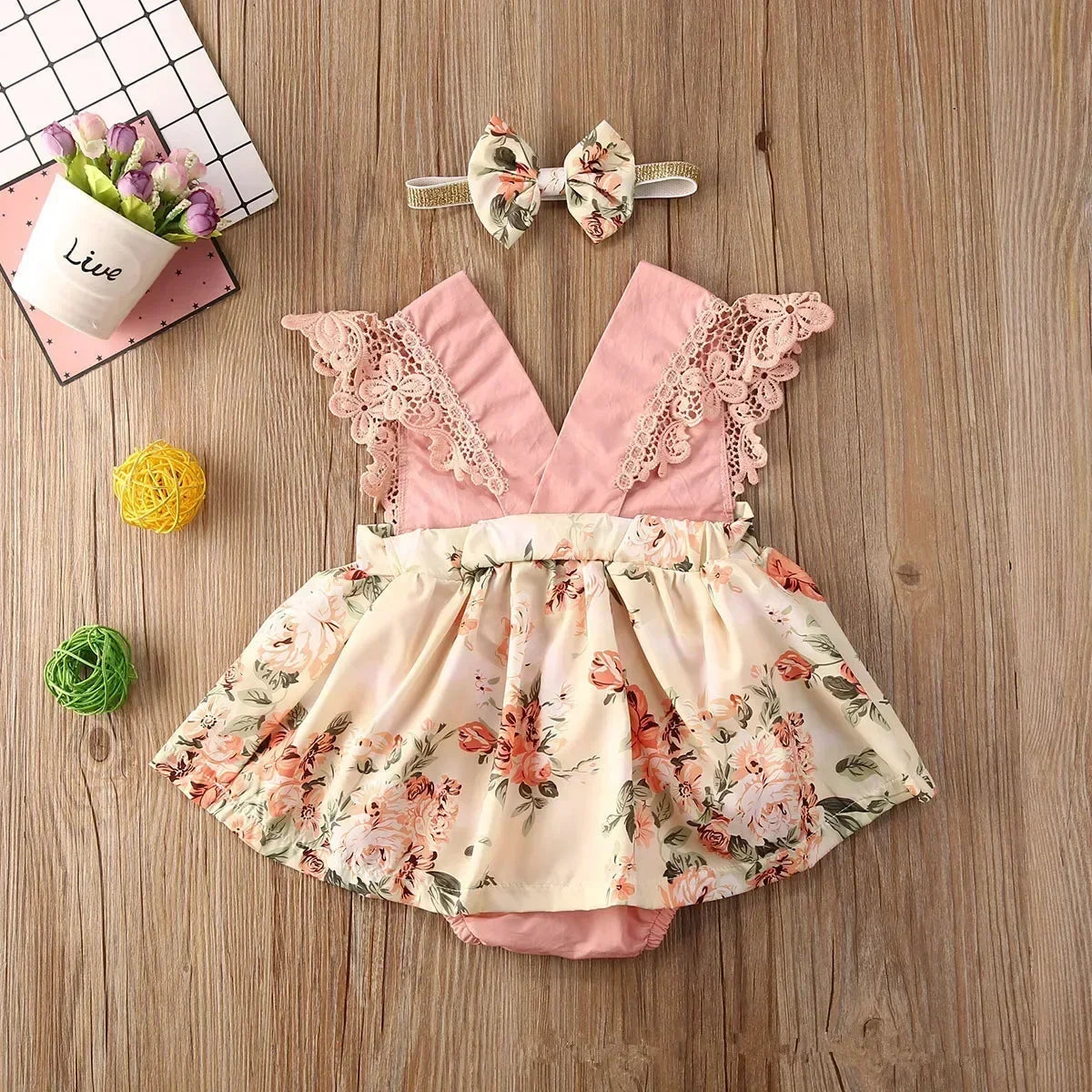 Baby Girl Summer Romper – Lace Floral Sleeve Jumpsuit with Headband (0-18M)