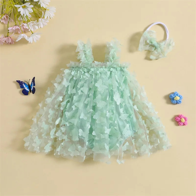 2PCS Baby Girl Summer Outfit – Mesh Bodysuit & Tulle Tutu with Headband