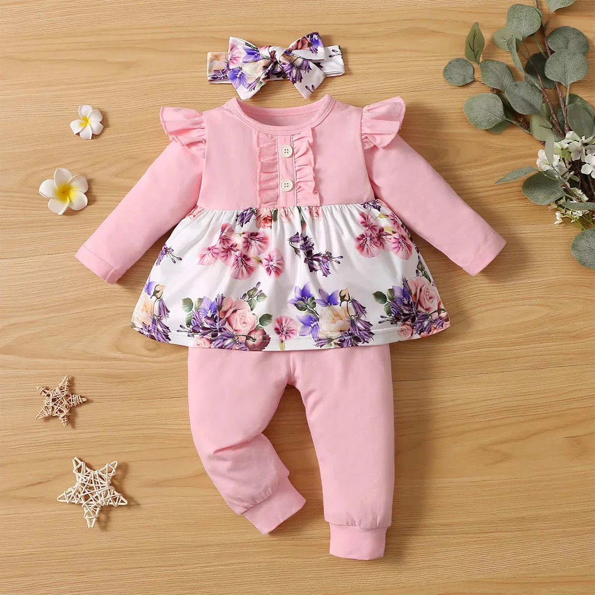 3PCS Baby Girl Outfit – Bodysuit, Pants & Headband Set (3-12M)