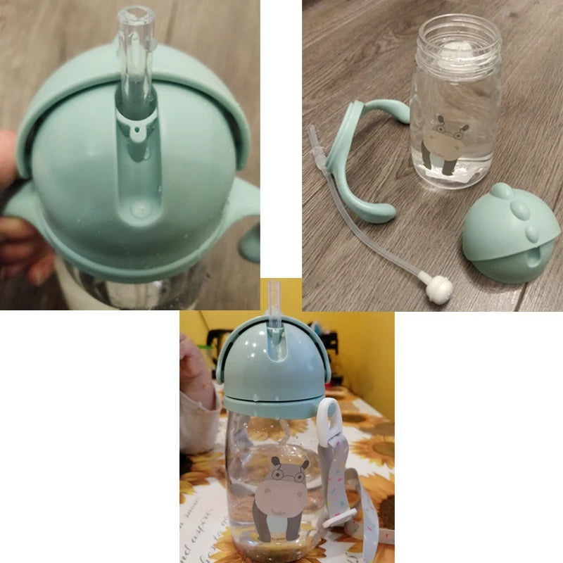 Kids' Cartoon Animal Water Bottle – Straw Cup with Gravity Ball & Shoulder Strap