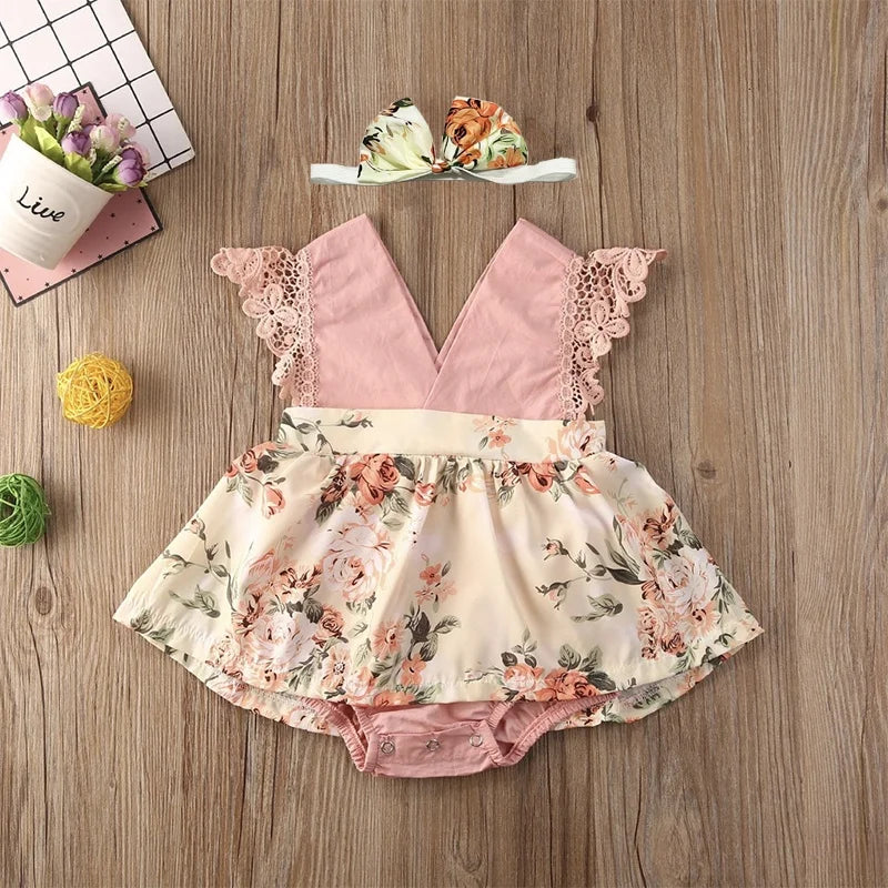 Baby Girl Summer Romper – Lace Floral Sleeve Jumpsuit with Headband (0-18M)