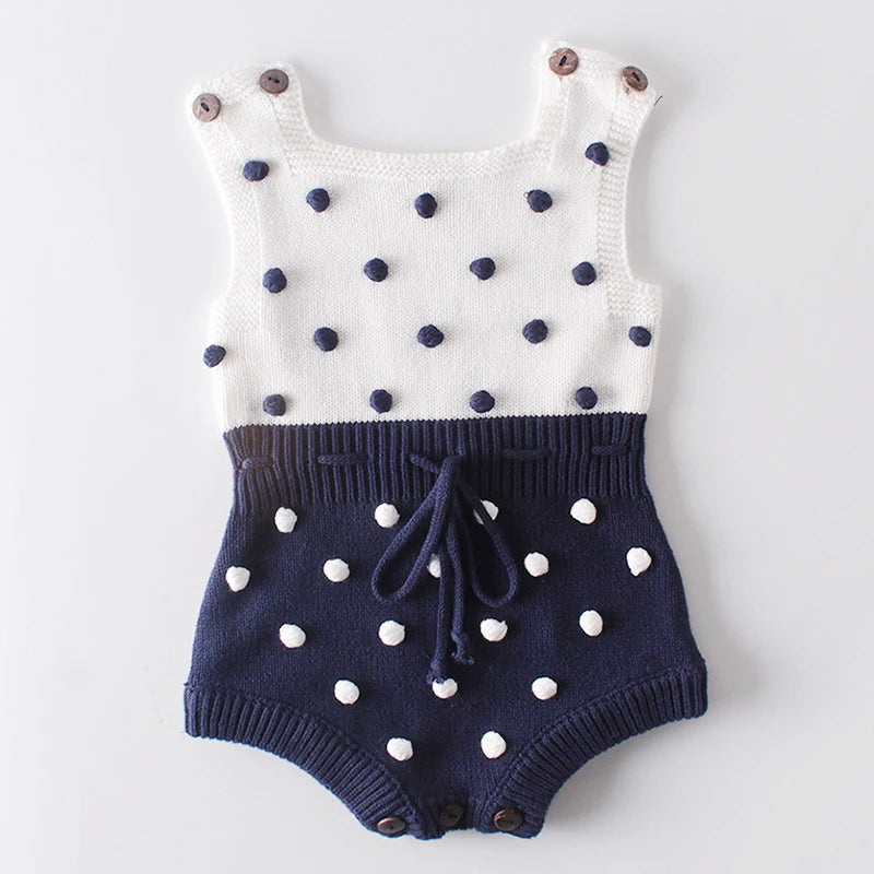 Knitted Baby Romper – Handmade Cotton Jumpsuit with Pompoms