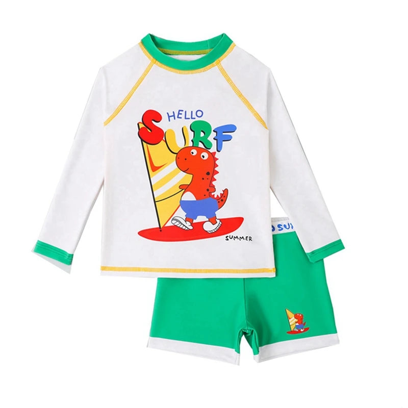 Summer Boys' Swimsuit Set – Long Sleeve Cartoon Sunscreen Top & Shorts (4-8Y)