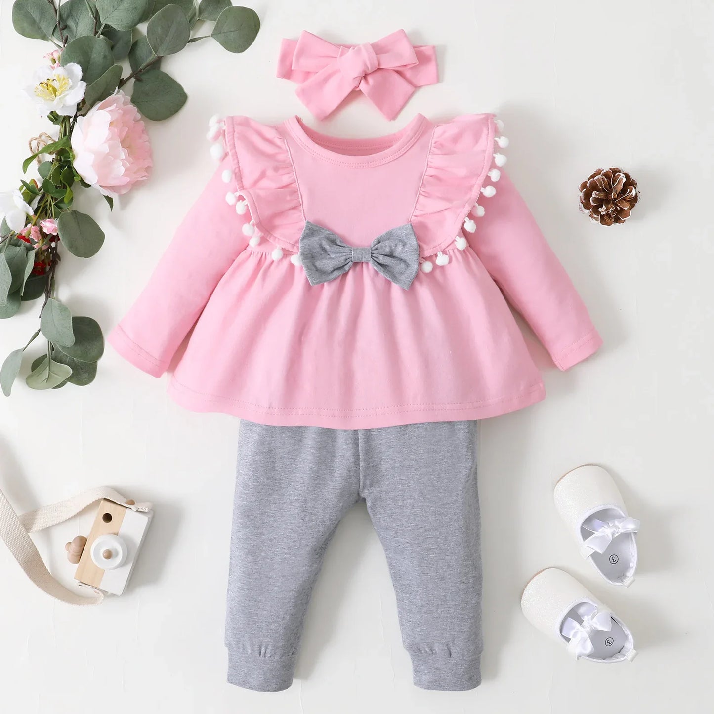 3PCS Baby Girl Outfit – Bodysuit, Pants & Headband Set (3-12M)