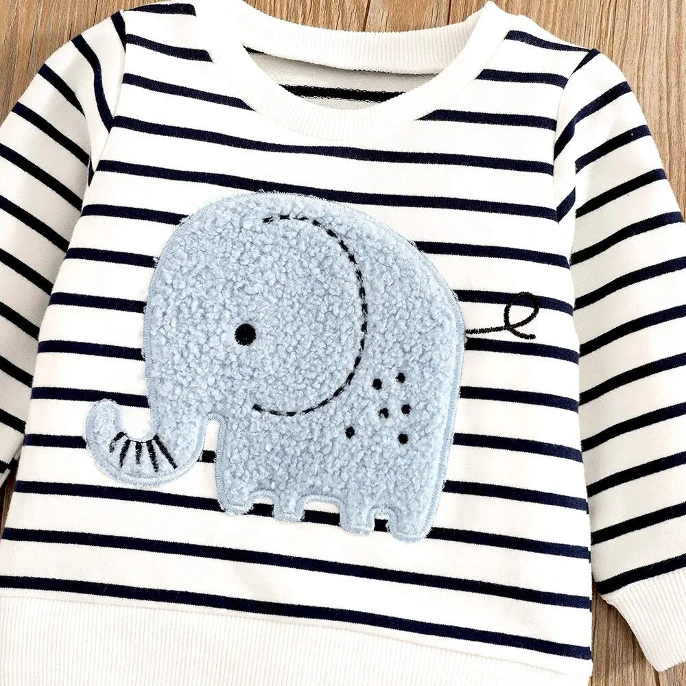 0-2Y Elephant Print Outfit – Striped Top & Jeans 2-Piece Set