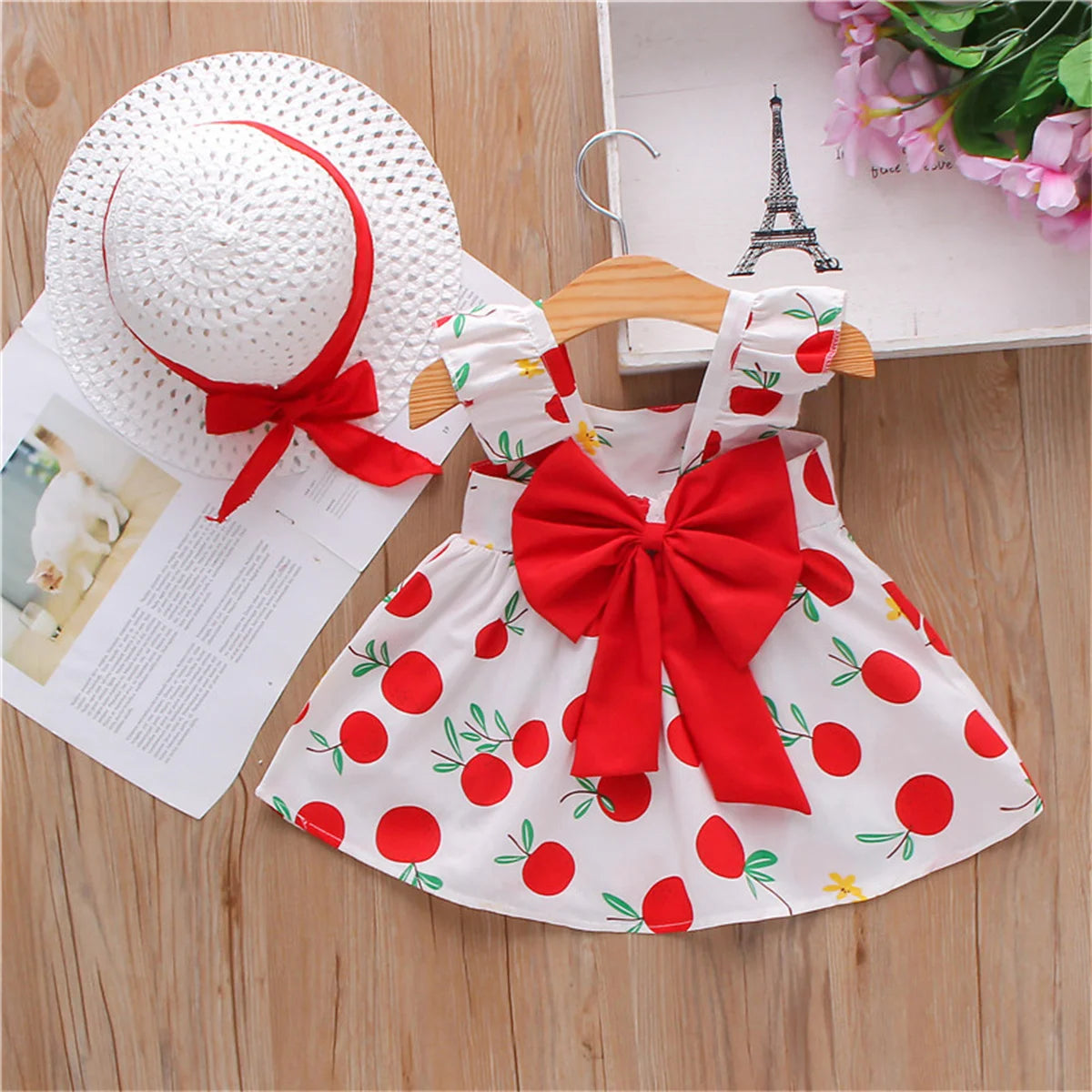 2PCS Summer Girls' Dress Set – Bow Suspender Top & Orange Print Skirt with Hat