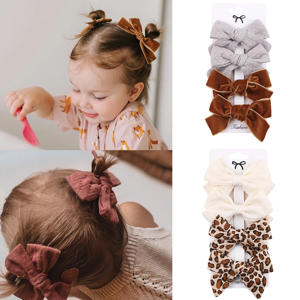 4Pcs Baby Bow Hair Clips - Leopard Dot Print, Lace Cotton Linen Barrettes