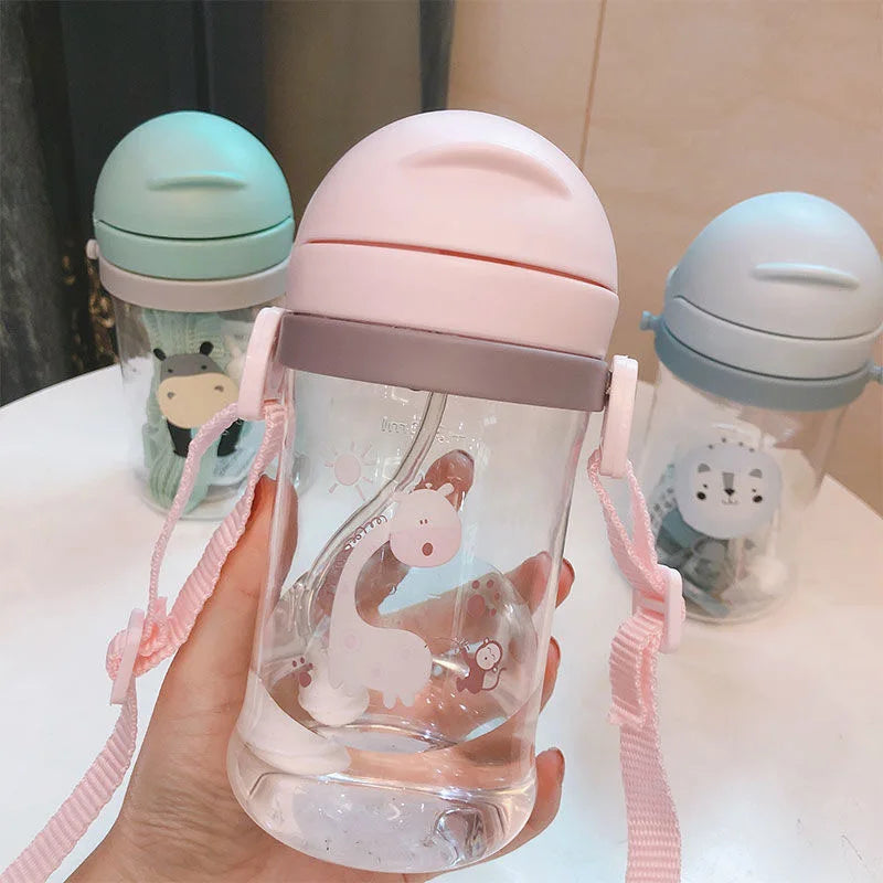 Kids' Cartoon Animal Water Bottle – Straw Cup with Gravity Ball & Shoulder Strap