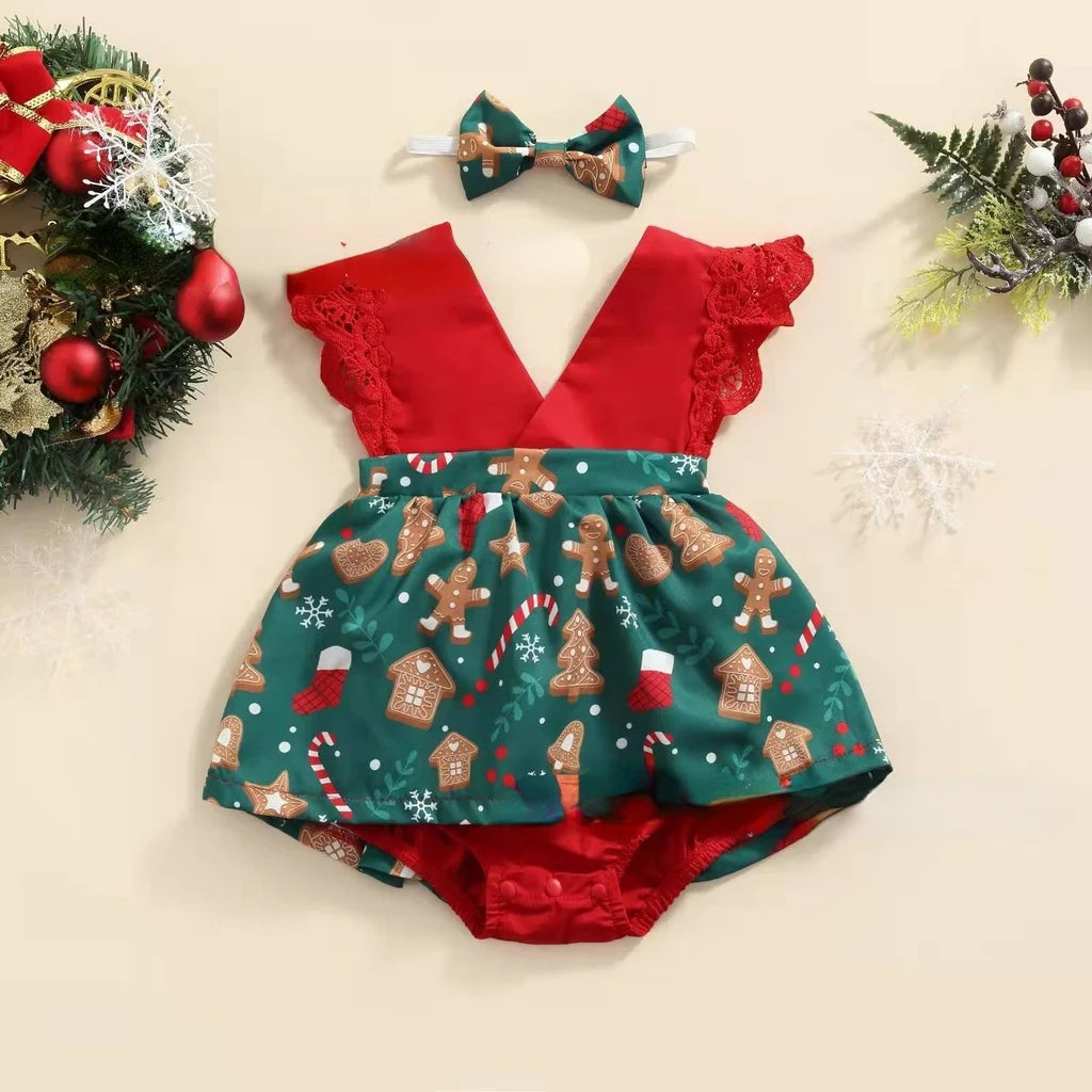 Baby Girl Summer Romper – Lace Floral Sleeve Jumpsuit with Headband (0-18M)