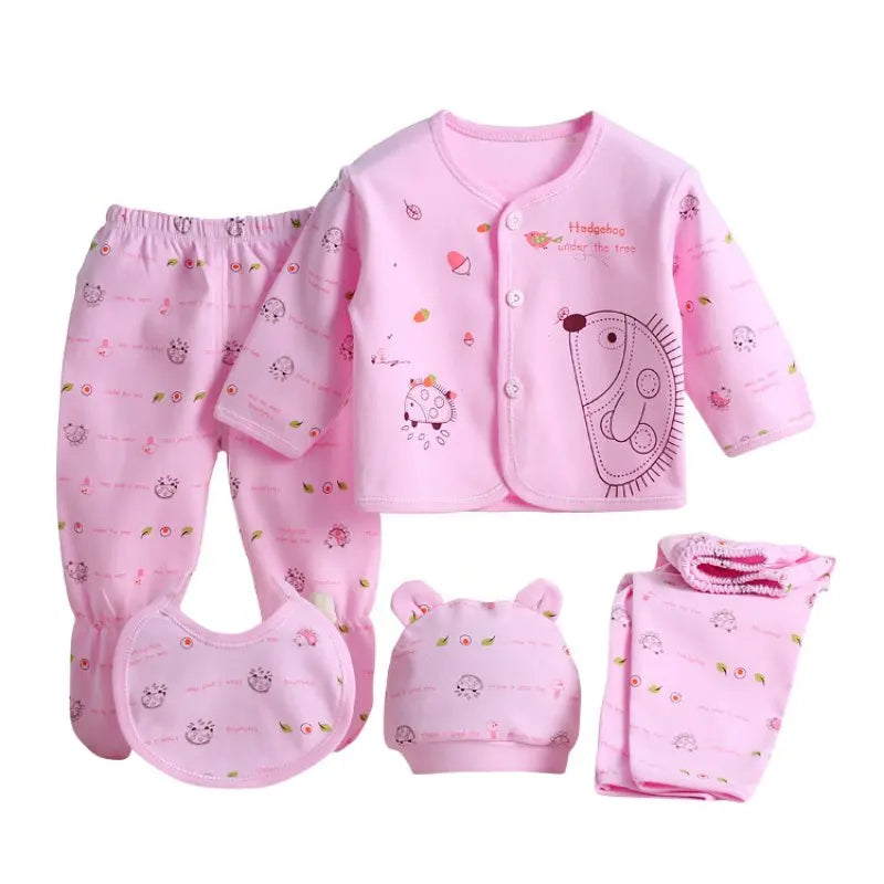 5PCS Newborn Baby Clothing Set – Cotton Top, Pants, Hat & Bibs (0-3M)