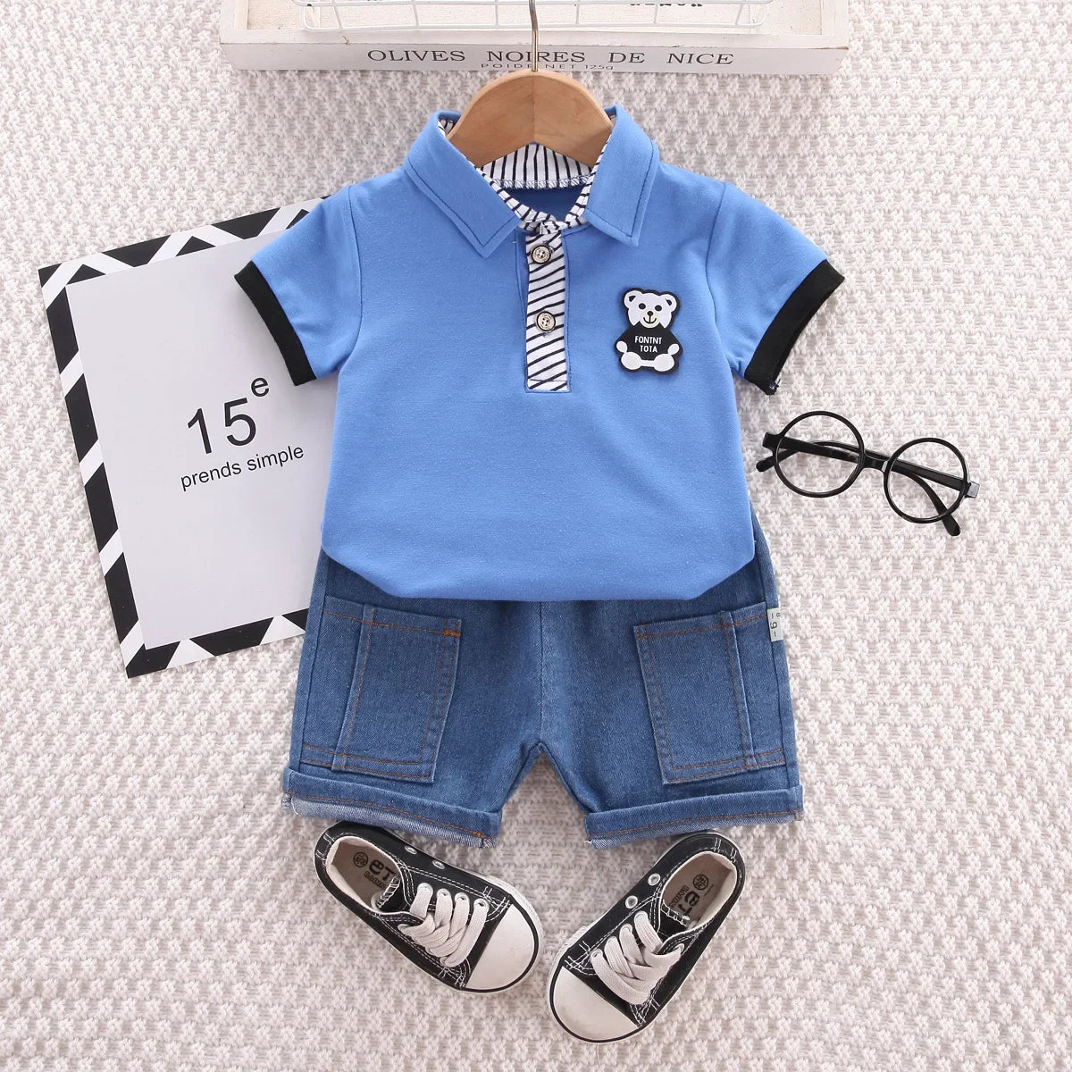 Baby Boys' Summer Outfit – Korean Style Cartoon Top & Denim Shorts