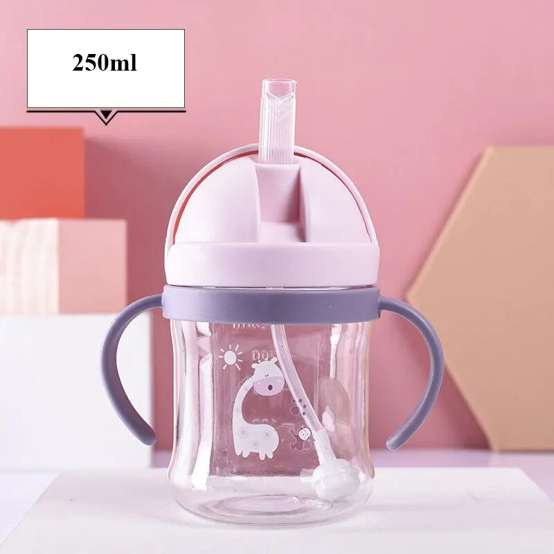 250ml Baby Drinking Cup – Pink Wide-Caliber Bottle with Straw & Handle
