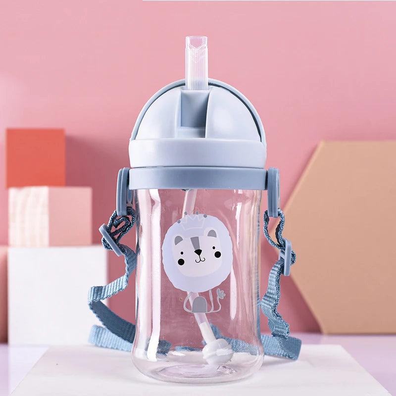 Kids' Cartoon Animal Water Bottle – Straw Cup with Gravity Ball & Shoulder Strap