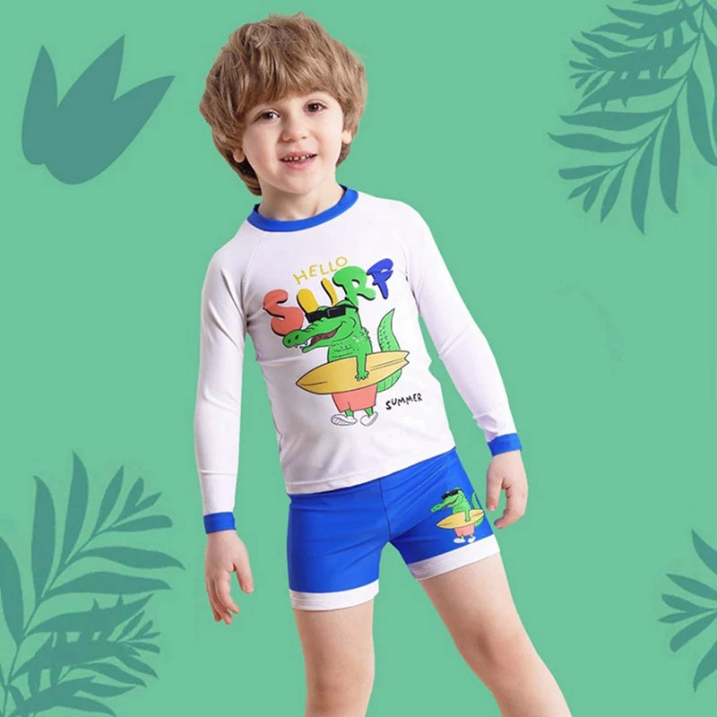 Summer Boys' Swimsuit Set – Long Sleeve Cartoon Sunscreen Top & Shorts (4-8Y)