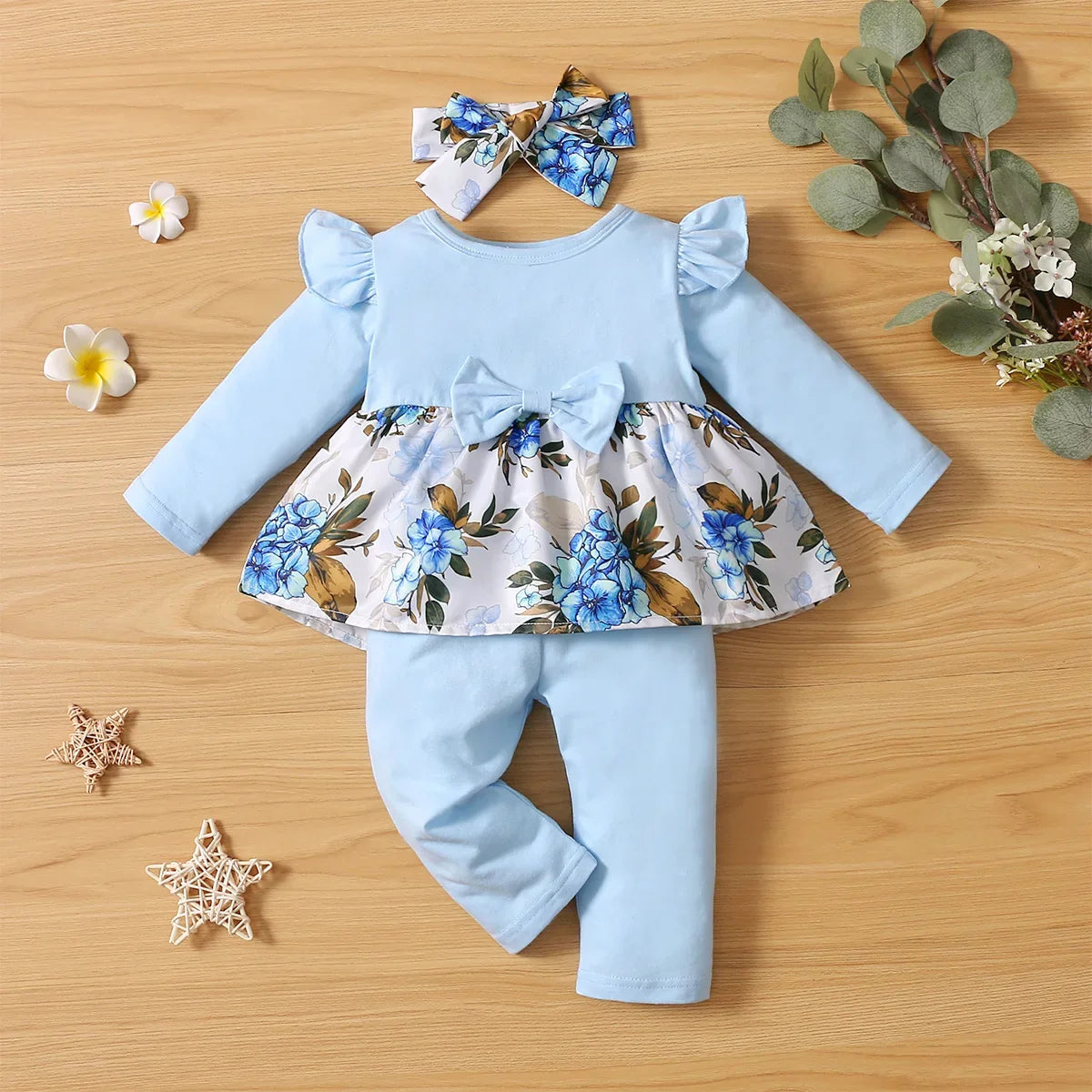 3PCS Baby Girl Outfit – Bodysuit, Pants & Headband Set (3-12M)