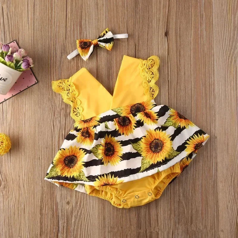Baby Girl Summer Romper – Lace Floral Sleeve Jumpsuit with Headband (0-18M)