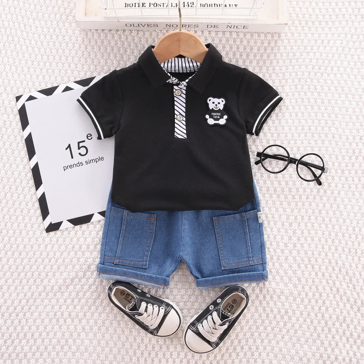 Baby Boys' Summer Outfit – Korean Style Cartoon Top & Denim Shorts