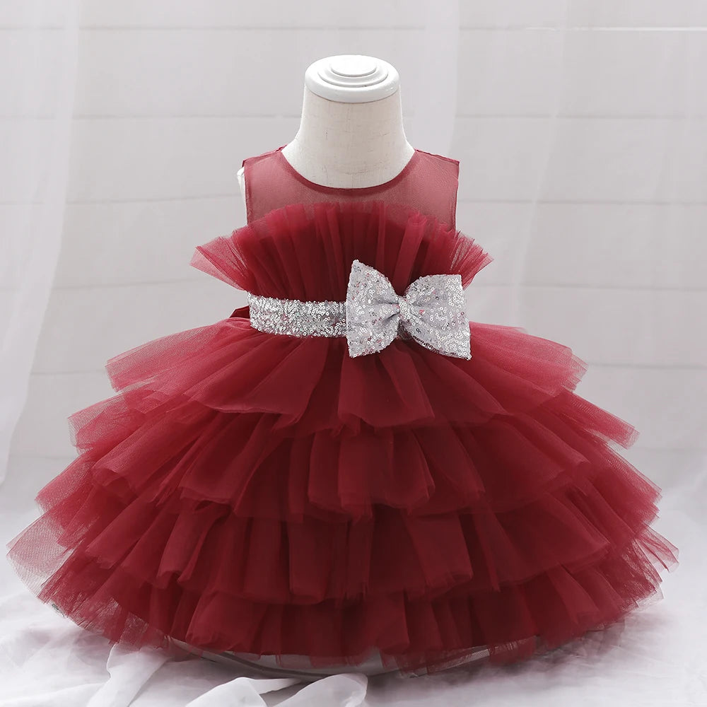 Sequin Bow Baby Girl Dress – Puffy Tulle Princess Ball Gown for Baptism & Parties
