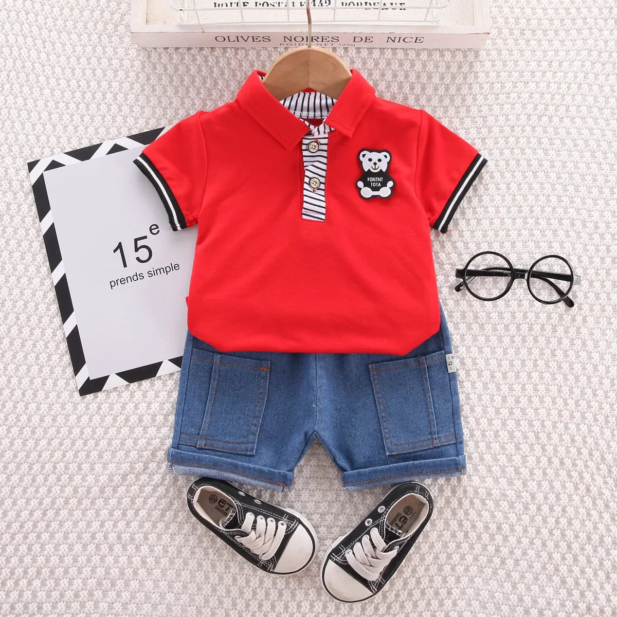 Baby Boys' Summer Outfit – Korean Style Cartoon Top & Denim Shorts