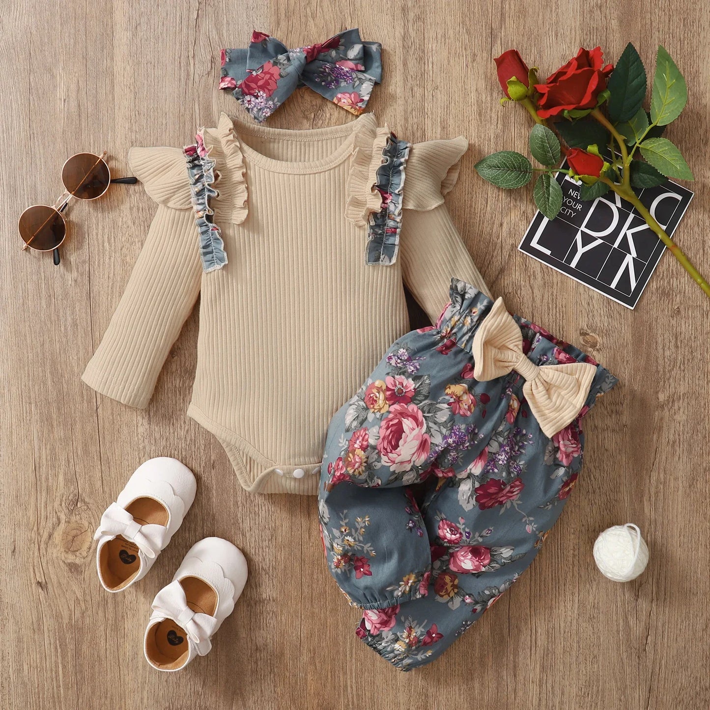 3PCS Baby Girl Outfit – Bodysuit, Pants & Headband Set (3-12M)