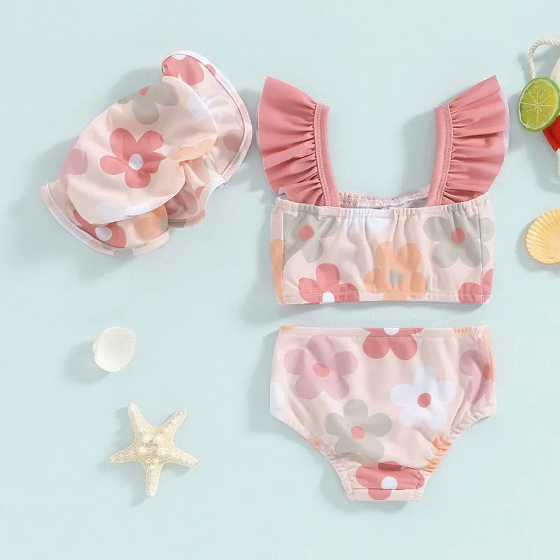 Toddler Girls' Floral Tankini Set – 3-Piece Swimsuit & Cap