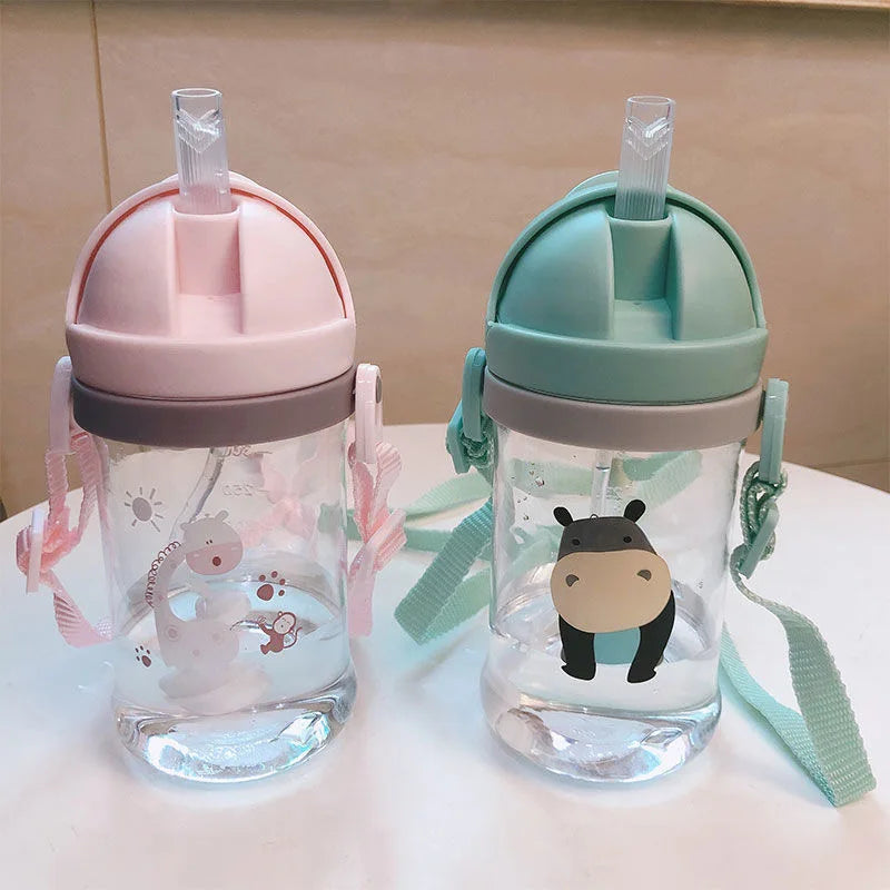 Kids' Cartoon Animal Water Bottle – Straw Cup with Gravity Ball & Shoulder Strap