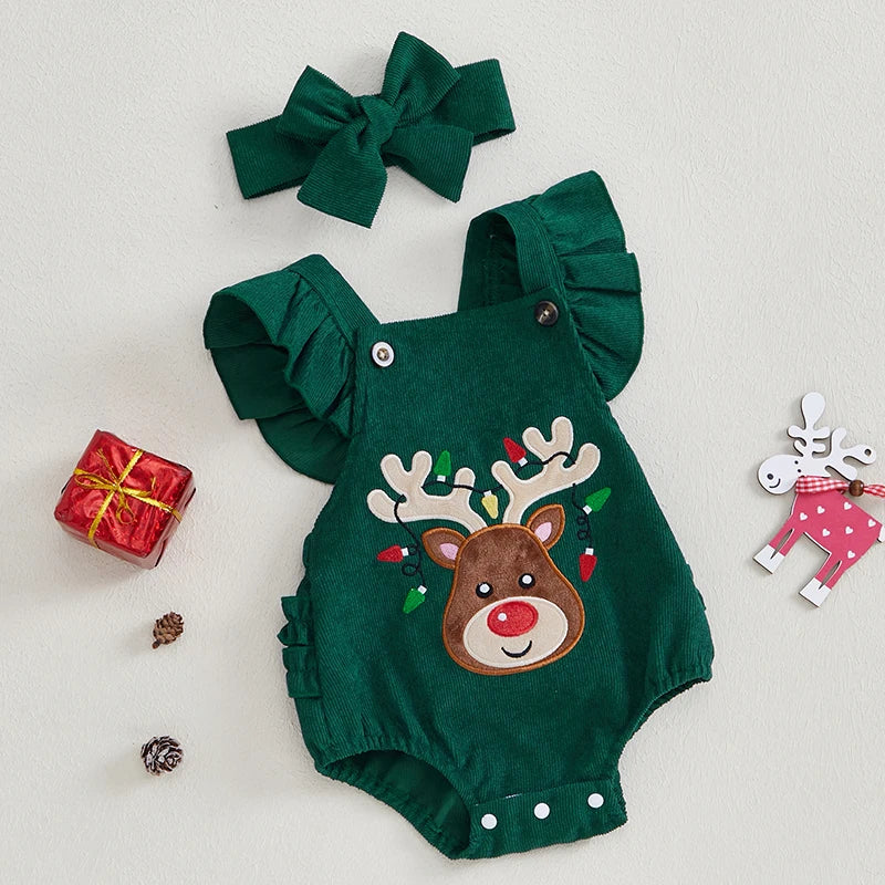 Baby Christmas Romper – Ruffle Sleeve Elk Jumpsuit & Headband