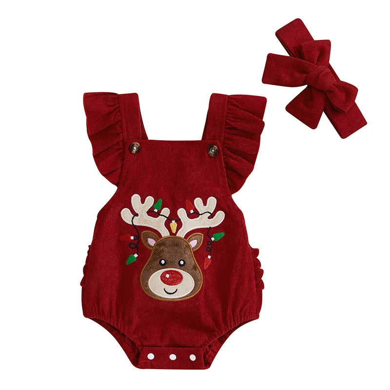 Baby Christmas Romper – Ruffle Sleeve Elk Jumpsuit & Headband