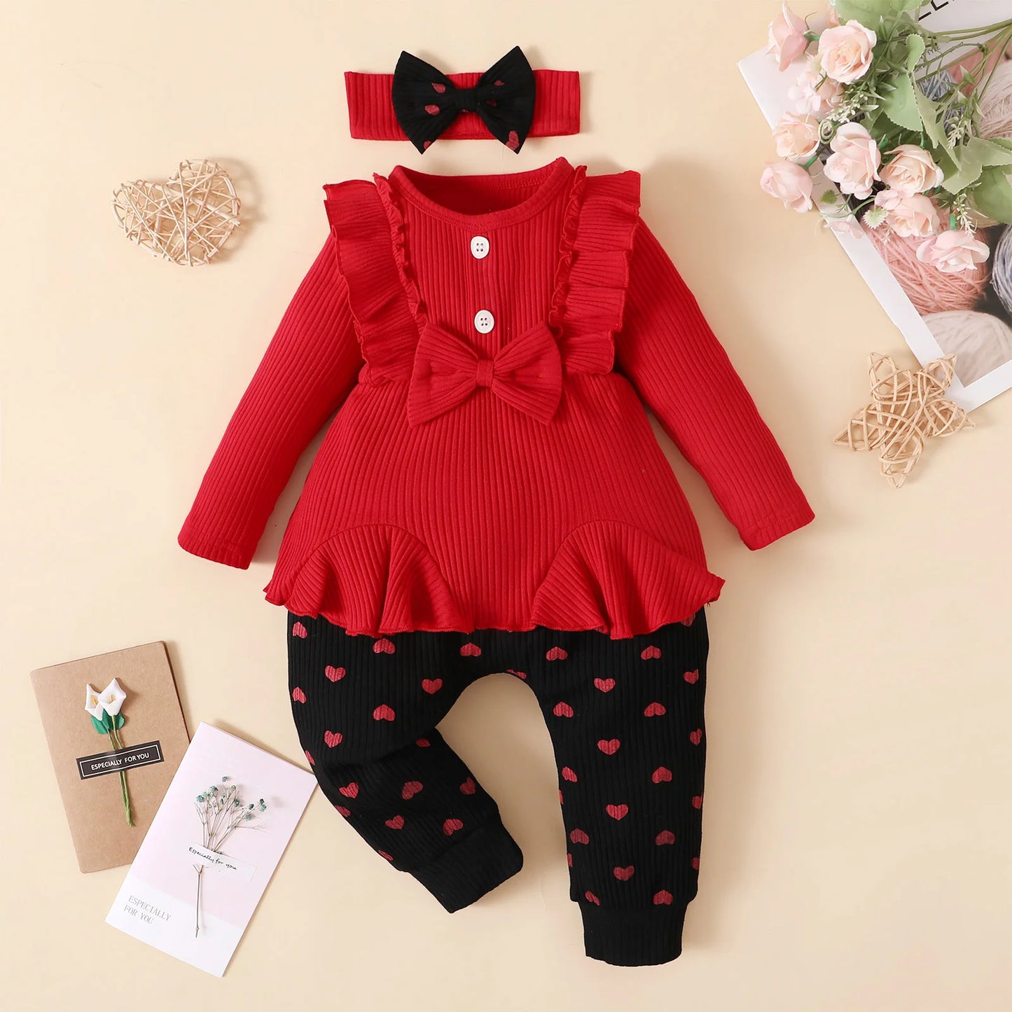 3PCS Baby Girl Outfit – Bodysuit, Pants & Headband Set (3-12M)