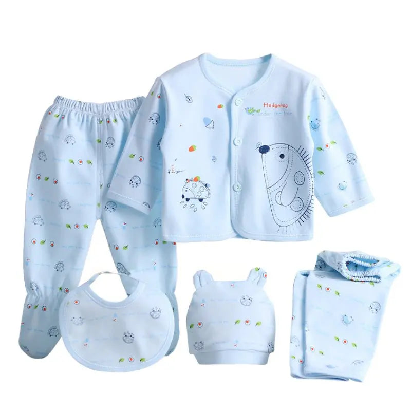 5PCS Newborn Baby Clothing Set – Cotton Top, Pants, Hat & Bibs (0-3M)