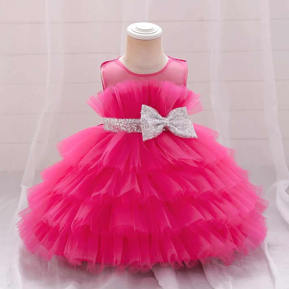 Sequin Bow Baby Girl Dress – Puffy Tulle Princess Ball Gown for Baptism & Parties