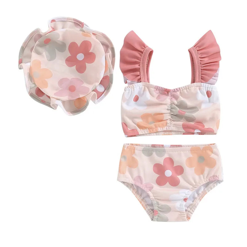 Toddler Girls' Floral Tankini Set – 3-Piece Swimsuit & Cap
