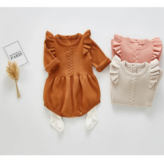 Baby Girl Knitted Bodysuit – Long Sleeve Ruffled Jumpsuit (Spring/Autumn)