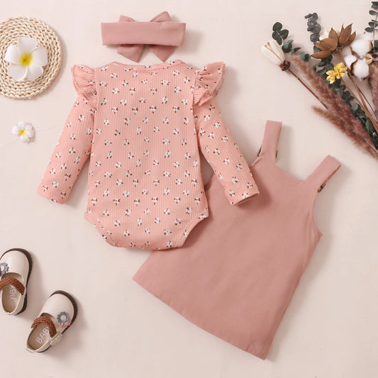Baby Girl Outfit – Floral Ruffles Romper & Corduroy Dress (0-18M)