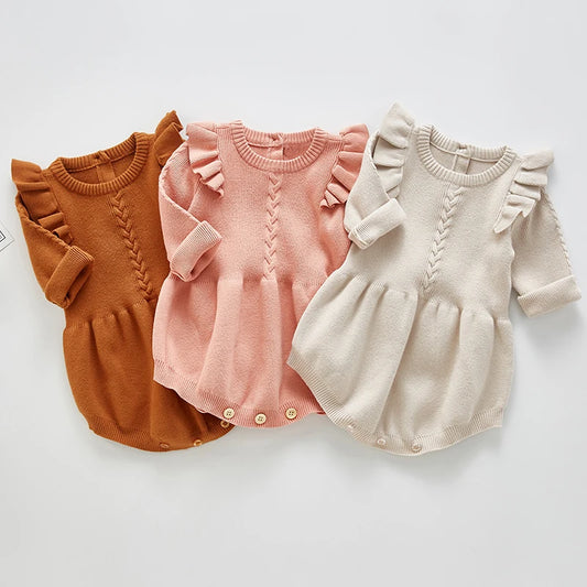 Baby Girl Knitted Bodysuit – Long Sleeve Ruffled Jumpsuit (Spring/Autumn)