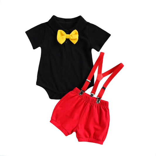 2PCS Baby Boy Gentleman Set – Bow Tie Romper & Suspender Shorts