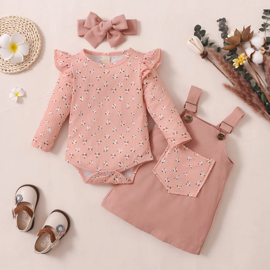Baby Girl Outfit – Floral Ruffles Romper & Corduroy Dress (0-18M)