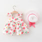 2PCS Summer Girls' Dress Set – Bow Suspender Top & Orange Print Skirt with Hat