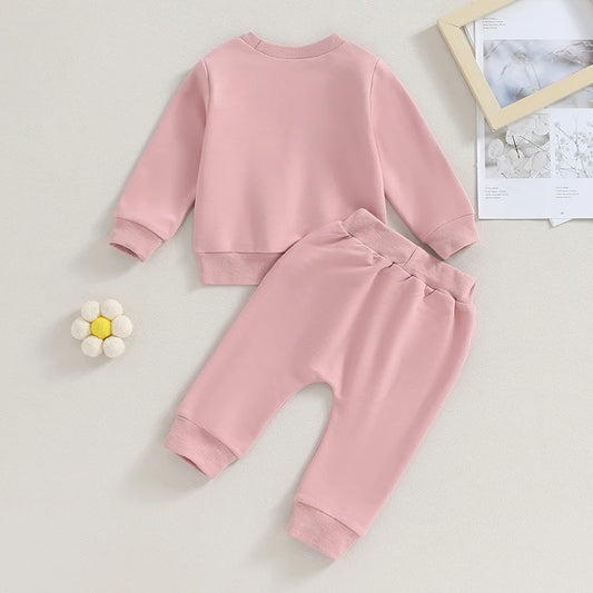 0-36M Baby Girl 2-Piece Outfit – Long Sleeve Letter Print Sweatshirt & Sweatpants