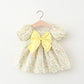 Children's Summer Dress – Short Sleeve Solid Color with Big Bow & Print
