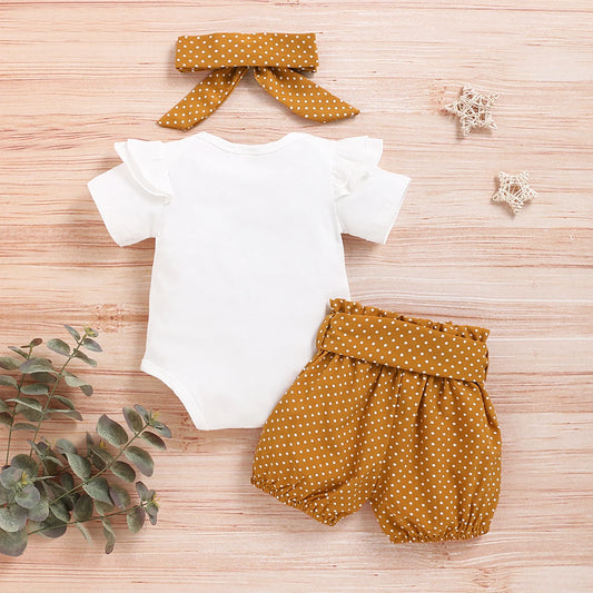 0-18M Baby Girl Outfit – Dot Romper, Pants & Bow Headband Set