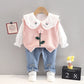Spring Baby Girl Outfit – Knitted Vest, Bow Shirt & Jeans Set (1st Birthday)