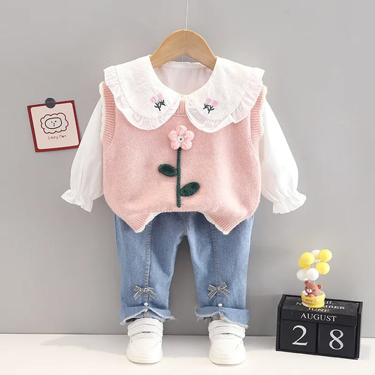 Spring Baby Girl Outfit – Knitted Vest, Bow Shirt & Jeans Set (1st Birthday)