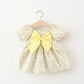 Children's Summer Dress – Short Sleeve Solid Color with Big Bow & Print