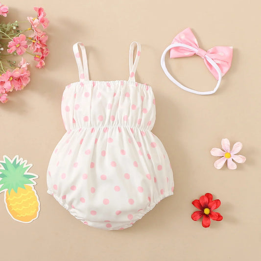 2PCS Baby Girl Romper Set – Allover Dots with Bowknot & Headband