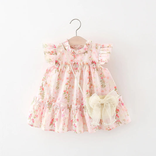 Baby Girl Summer Princess Dress – Floral Lace Outfit with Bag
