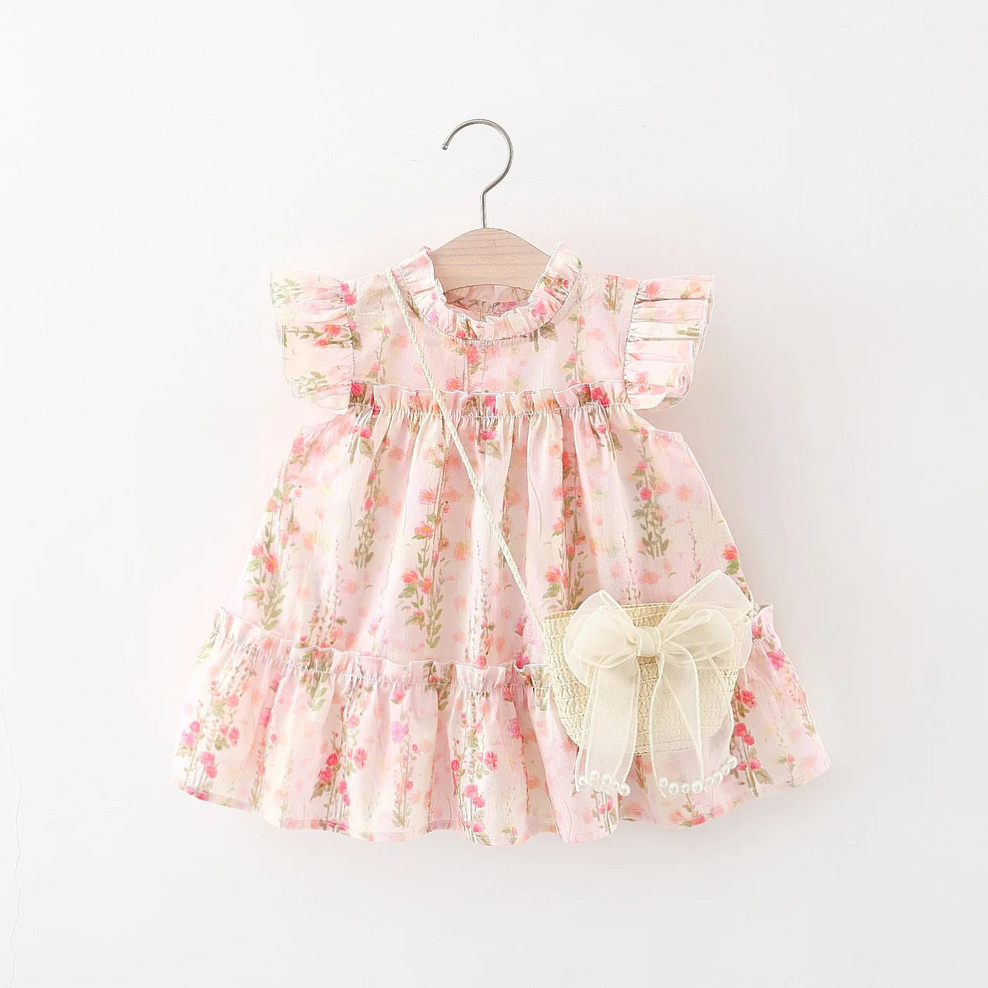 Baby Girl Summer Princess Dress – Floral Lace Outfit with Bag