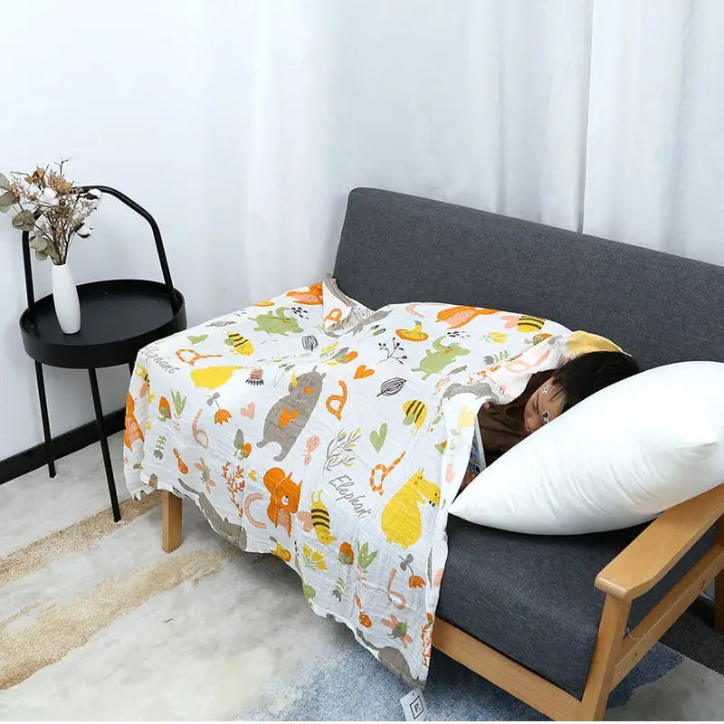 110cm Cotton Gauze Baby Blanket – Double Layer, Soft Animal Print Towel Cover