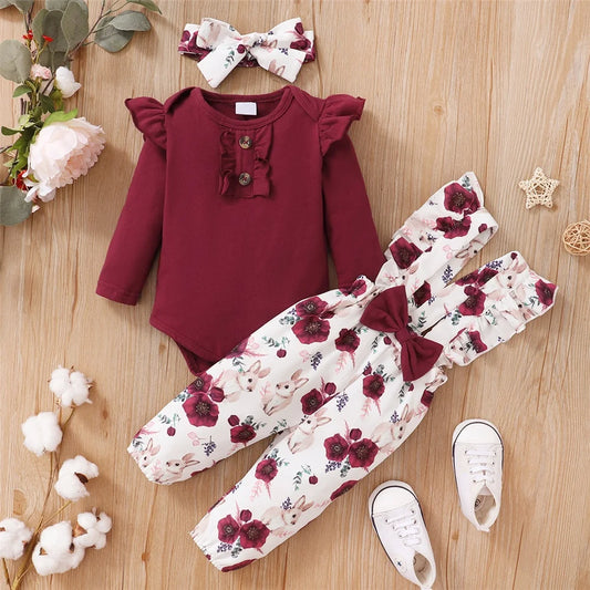Baby Girl Outfit – Red Long-Sleeve Bodysuit & Floral Strap Pants (0-18M)