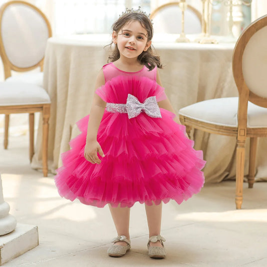 Sequin Bow Baby Girl Dress – Puffy Tulle Princess Ball Gown for Baptism & Parties